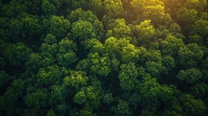 Naklejka premium Lush green forest canopy viewed from above, sunlight filtering through trees