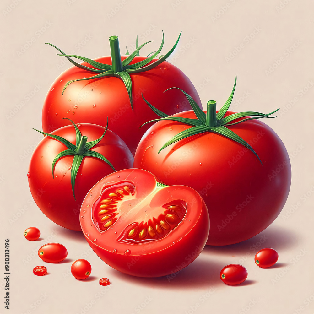 Poster three hyper-realistic tomatoes with one sliced, showcasing seeds. generative ai.