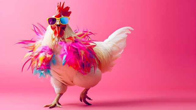 Digitally created image of a happy vibrant chicken wearing a colorful fashion outfit and sunglasses dancing playfully on a random bright pink background  The has a quirky