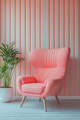 A pink chair is sitting in front of a wall with stripes