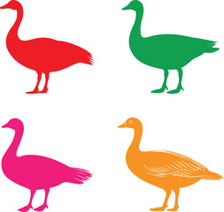 Silhouette set of geese in different colors, geese isolated icon