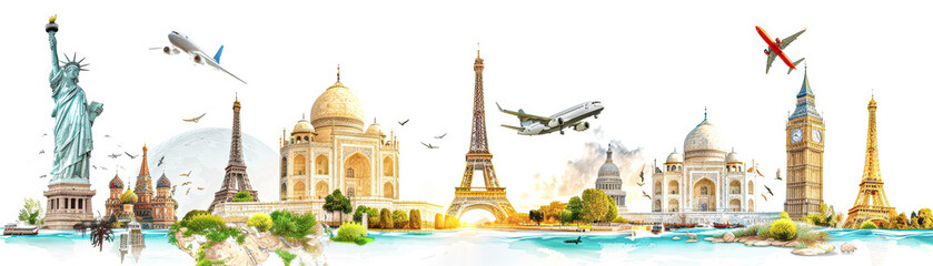 Obraz premium A painting of a cityscape with a statue of liberty and the Eiffel Tower