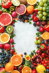 A colorful assortment of fruits and vegetables, including oranges, grapes