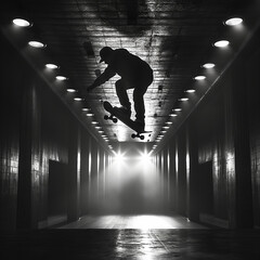 Half air skateboarder,silhouette silhouette in light

