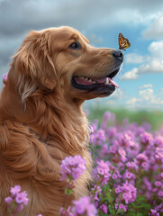 a golden hunting dog in a purple flower field, captivated by a butterfly in front of it, capturing a moment of curiosity and nature's beauty