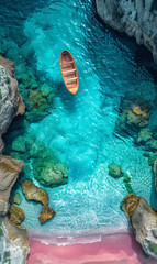 healing haven: small boat floating on light blue sea with a pink beach	