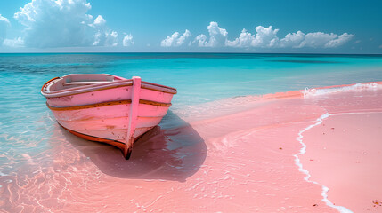 a small boat anchored on a pink beach with deep blue sea, representing a peaceful and healing vacation