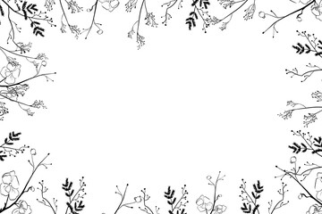 Various twigs with seeds and fern thin branches autumn frame in graphic style hand drawn doodles illustration for use in banner and postcard design