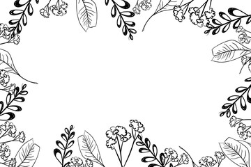 Yarrow flowers with feathers and branches plant with round leaves frame in graphic style hand drawn doodle illustration for use in banner and postcard design