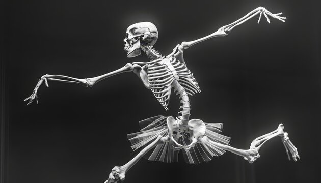 Human skeleton in a dance pose white bones black background side lighting artistic xray effect