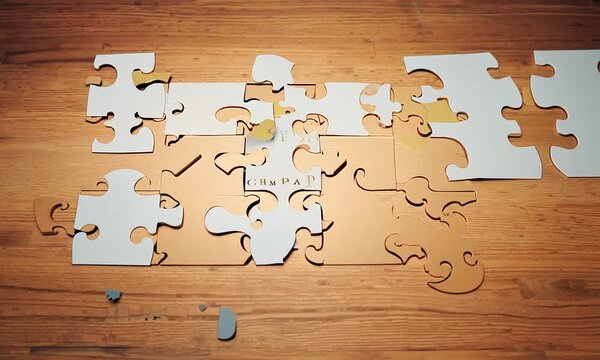 The Missing Link: A partially completed jigsaw puzzle with a single piece revealing the phrase "LINK PART" lying on a wooden table, symbolizing connection, strategy, and problem-solving. 