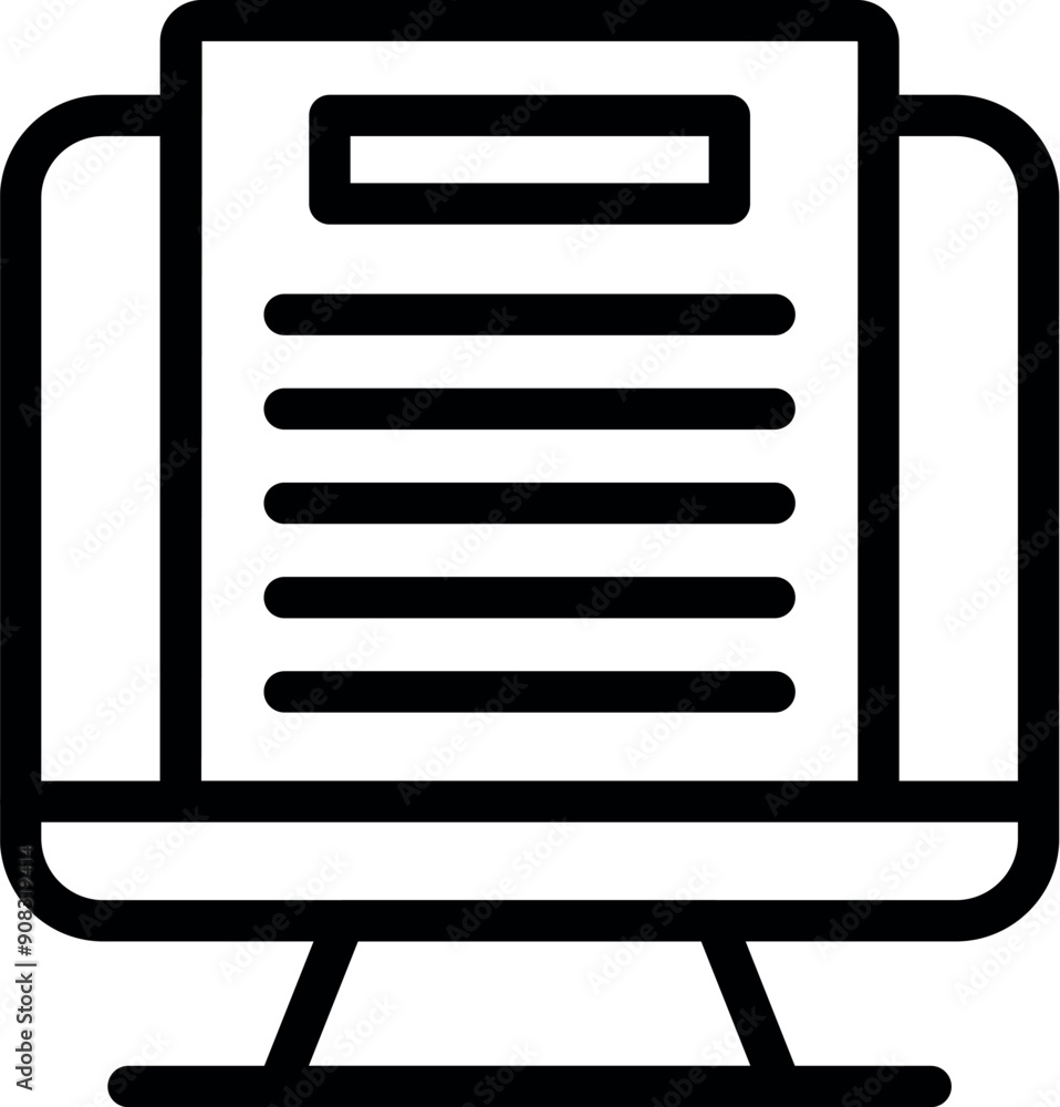 Poster simple, bold line icon of a desktop computer displaying a digital document, perfect for representing