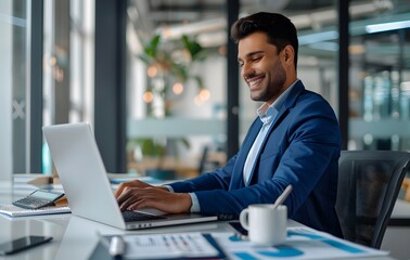 Planning, businessman and happy with laptop at desk for research, email and stock market. Financial advisor, documents and trading or smile in office for career, finance and technology in workplace