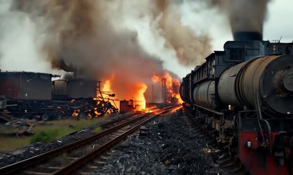 Train Fire: A dramatic image of a train engulfed in flames, smoke billowing into the sky. The scene is both chaotic and powerful, capturing the intensity of the fire and the potential for destruction.