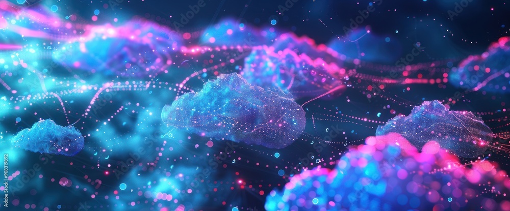 Poster abstract cloud network with glowing particles