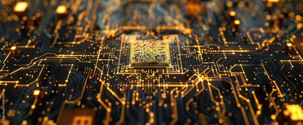 Aufkleber golden circuitry: a close-up view of a microchip