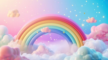 A playful rainbow background with bold, vivid colors arranged in a perfect arc, set against a soft gradient sky and embellished with whimsical details like floating clouds and sparkling stars,