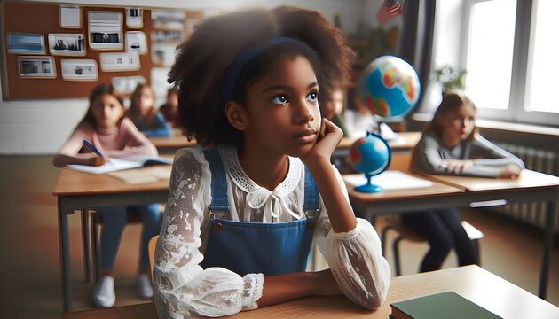 a girl in deep thought in a classroom