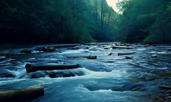 Serene River Flow: Tranquil river scene with flowing water, surrounded by lush greenery, and logs scattered across the stream. A peaceful and calming image perfect for nature, tranquility, peace, rela