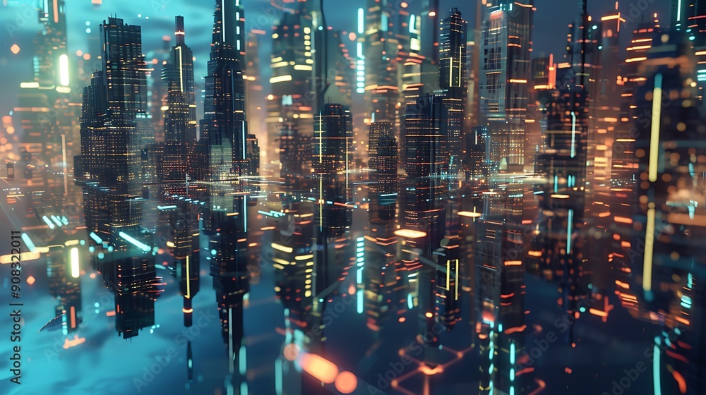 Sticker Futuristic Cityscape with Neon Lights and Reflections.