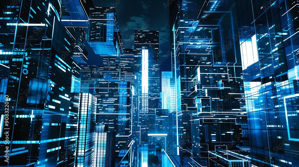 Canvas Prints Futuristic Cityscape with Glowing Blue Buildings.