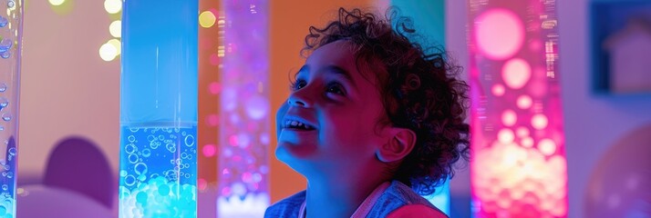 Child engaging with colorful bubble tube lamp in sensory stimulating room for therapy session