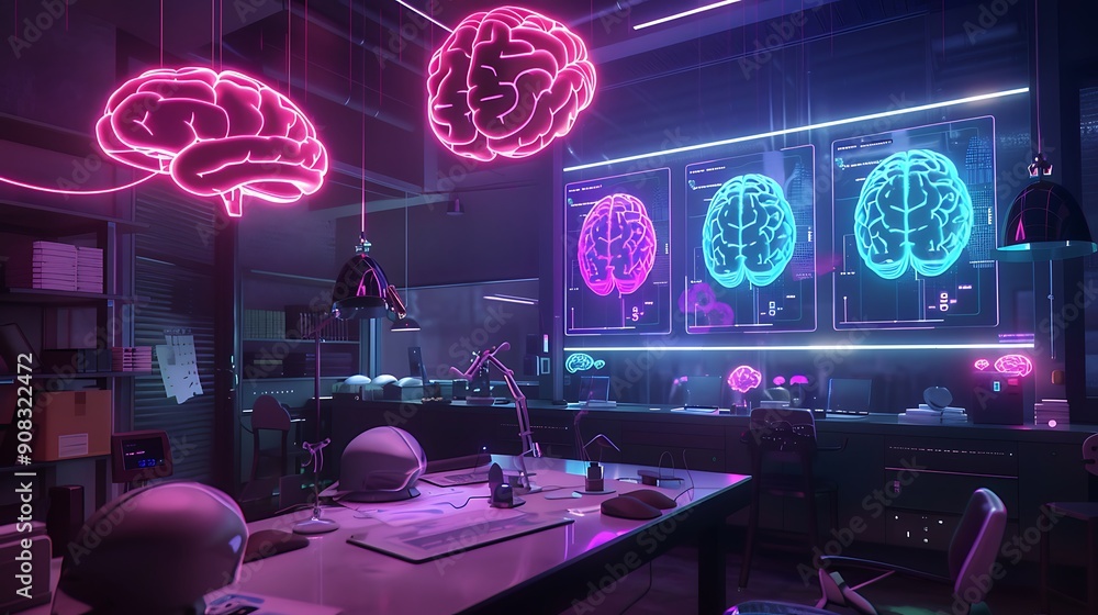 Canvas Prints Futuristic Office with Neon Brain Lights and Screens.