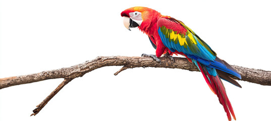 Bright Parrot on Tree Branch Isolated on White Background, Colorful Tropical Bird, Exotic Parrot, Vibrant Plumage, Natural Habitat, Detailed Feathers, High Resolution Image