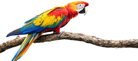 Fototapeta premium Bright Parrot on Tree Branch Isolated on White Background, Colorful Tropical Bird, Exotic Parrot, Vibrant Plumage, Natural Habitat, Detailed Feathers, High Resolution Image