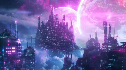 Futuristic Cityscape with a Pink Moon and Glowing Lights.