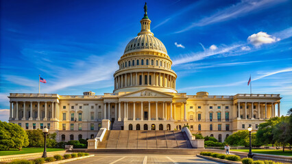 Naklejka premium Majestic neoclassical government building with iconic columns and majestic dome set against a clear blue sky in the heart of America's capital city.