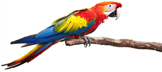 Bright Parrot on Tree Branch Isolated on White Background, Colorful Tropical Bird, Exotic Parrot, Vibrant Plumage, Natural Habitat, Detailed Feathers, High Resolution Image