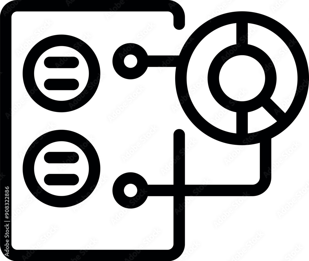 Poster icon depicting data center analytics with a server room and a pie chart representing data analysis