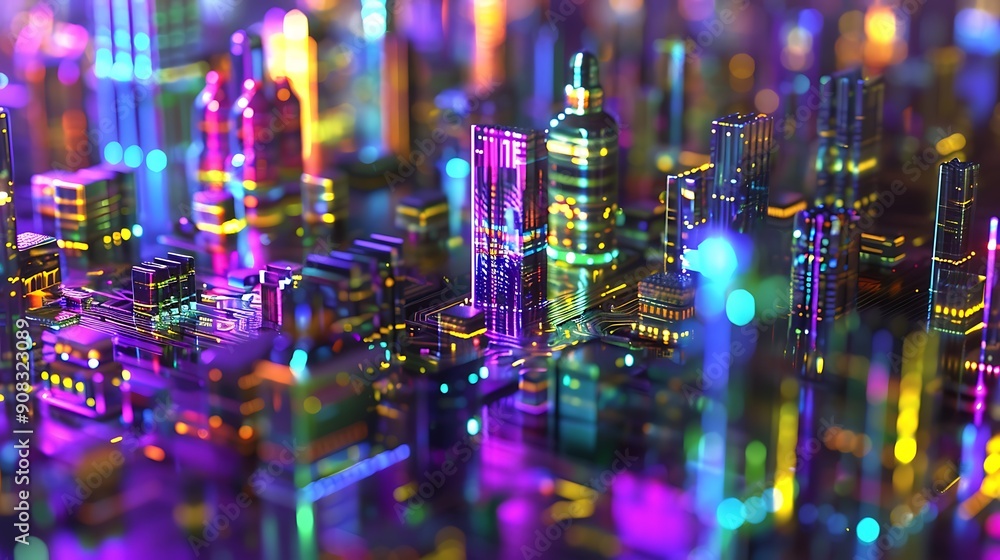 Canvas Prints Abstract Cityscape with Neon Lights and Blurred Background.