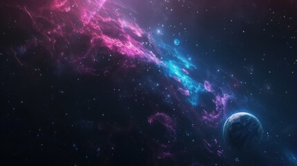 Obraz premium A captivating space background filled with vibrant nebulae in shades of blue, pink, and purple, with distant stars twinkling against the vast, dark expanse of the universe and a prominent, glowing