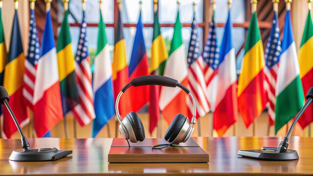 A professional interpreter's desk with headphones, microphone, and notebooks surrounded by flags of different countries, symbolizing language translation and cultural diversity.