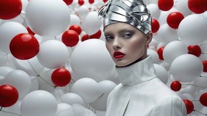 Elegant Model Posing in Futuristic Outfit Surrounded by Red and White Balloons in Studio Setting