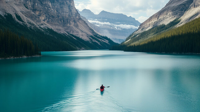 A lone kayaker paddles through a tranquil turquoise lake surrounded by towering mountains and dense evergreen forests. - Powered by Adobe