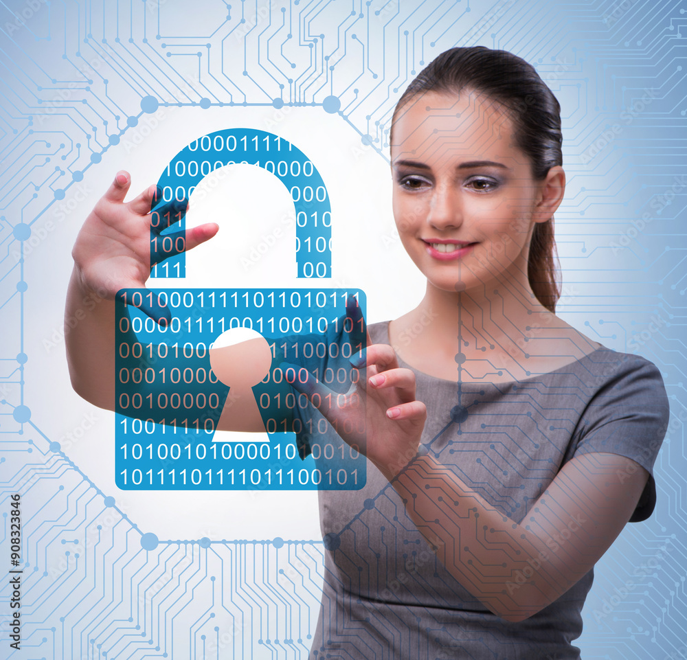 Poster man in digital security concept pressing button