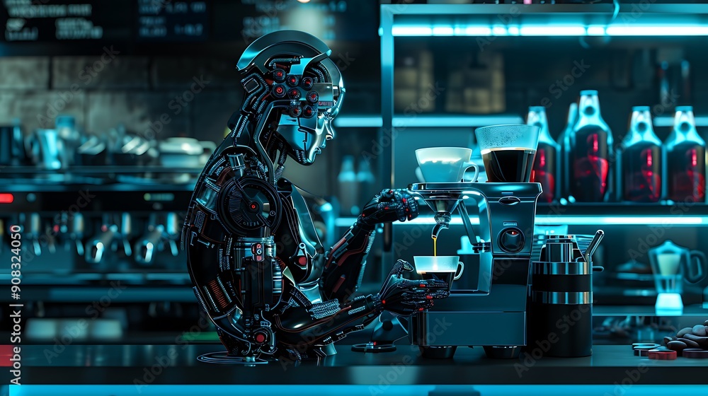 Canvas Prints Futuristic Robot Barista Making Coffee.