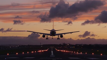 Rear view of a silhouette of a passenger plane landing on an airport runway in the afternoon