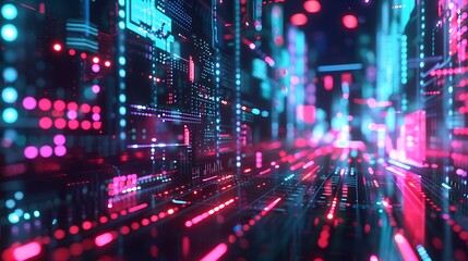 Futuristic city with vibrant neon lights.