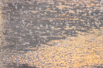A wet surface with raindrops on it. The raindrops are scattered all over the surface, creating a sense of movement and energy. Scene is calm and peaceful, as the raindrops fall gently