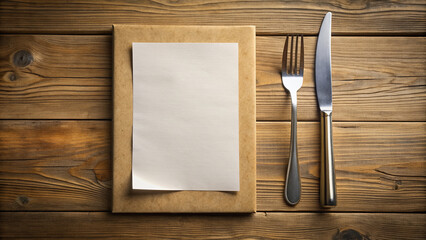 A blank paper menu with a metallic fork and knife icon on top, placed on a rustic wooden table with a soft, natural light background.