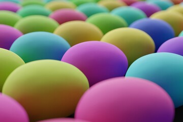 Many colorful eggs on black background. Closeup view, macro shot, selective focusclose up shot. 3d render, illustration