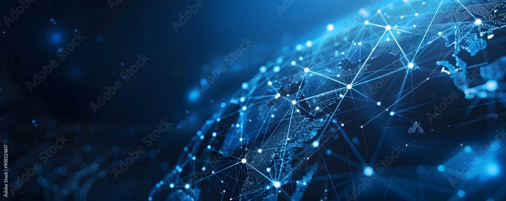 Aufkleber low polygon globe map with social icons wireframe mesh on blue background