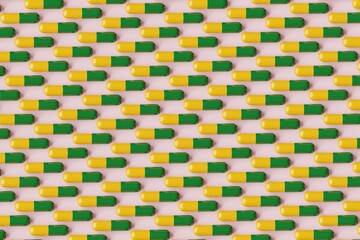 Many green and yellow pills on pink background. Top flat view, diagonal grid. 3d render, illustration