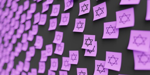 Many violet stickers on black board background with David star symbol drawn on them. Closeup view with narrow depth of field and selective focus. 3d render, Illustration