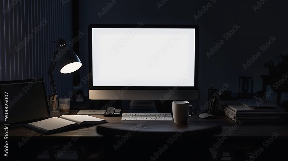 Poster nighttime workspace with a blank computer screen