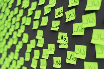 Many green stickers on black board background with symbol of Qatar riyal drawn on them. Closeup view with narrow depth of field and selective focus. 3d render, illustration